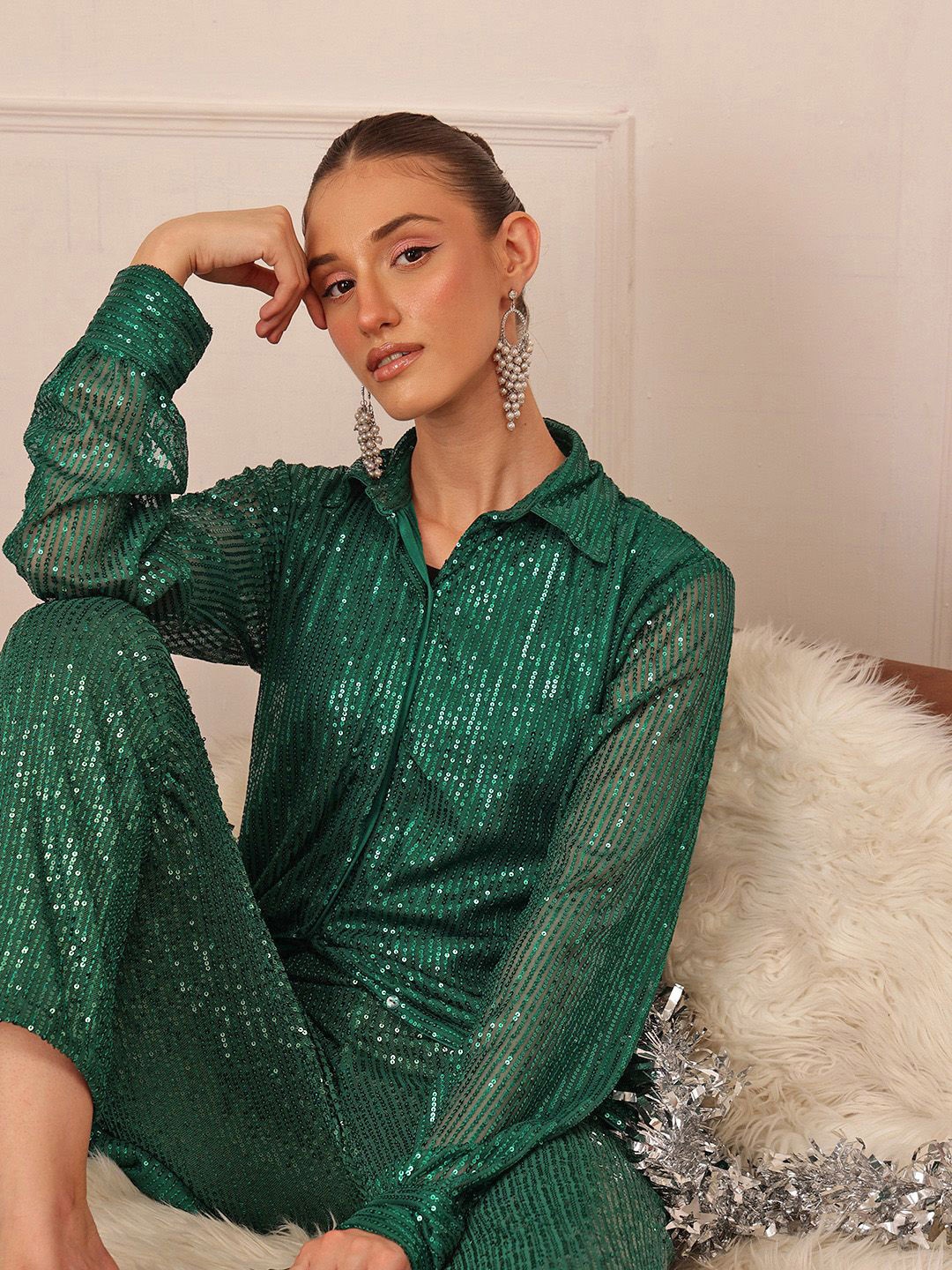 

Molly & Michel Women Spread Collar Solid Party Shirt, Green