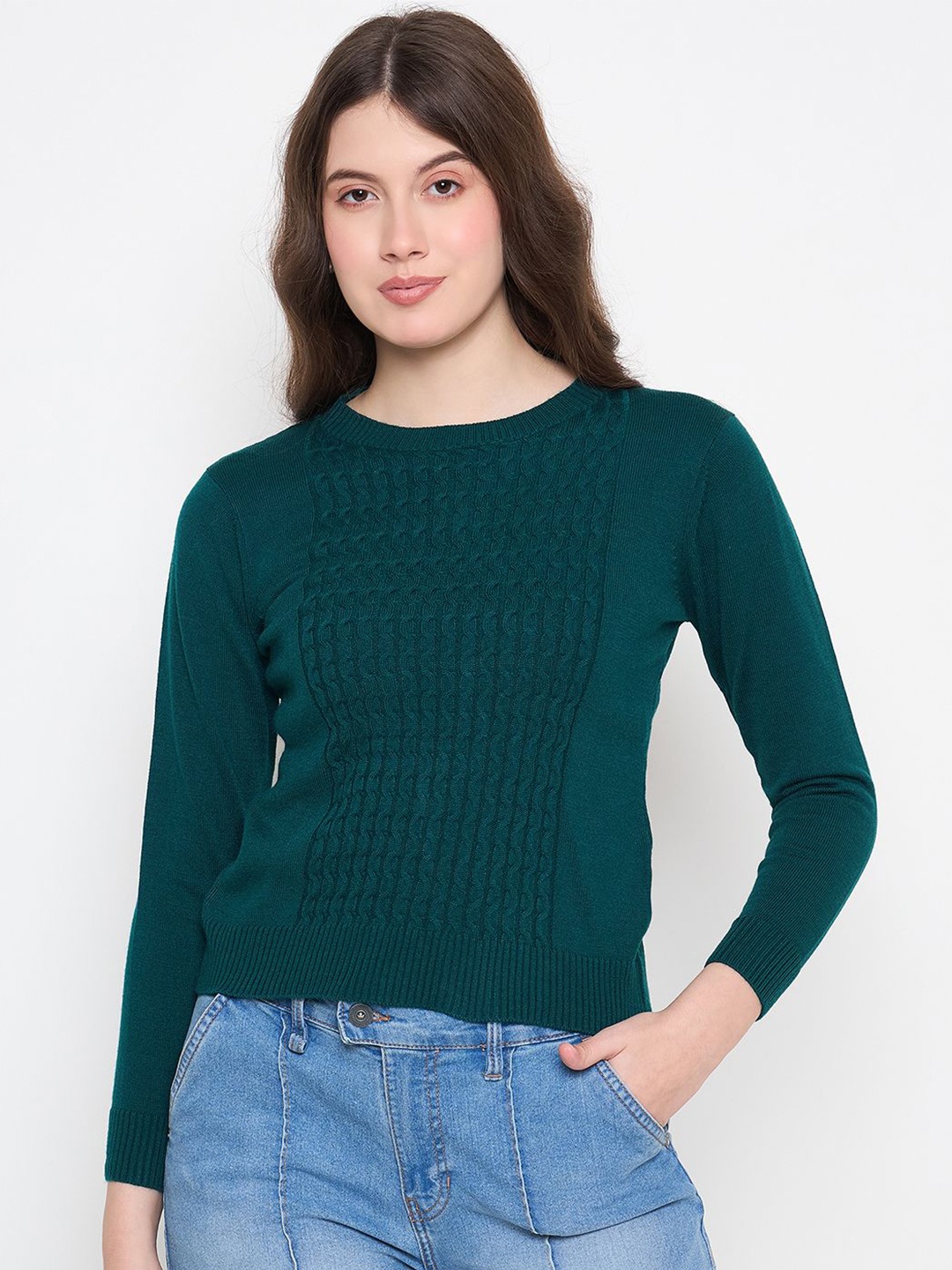 

Knitstudio Women Cable Knit Woollen Sweater, Green