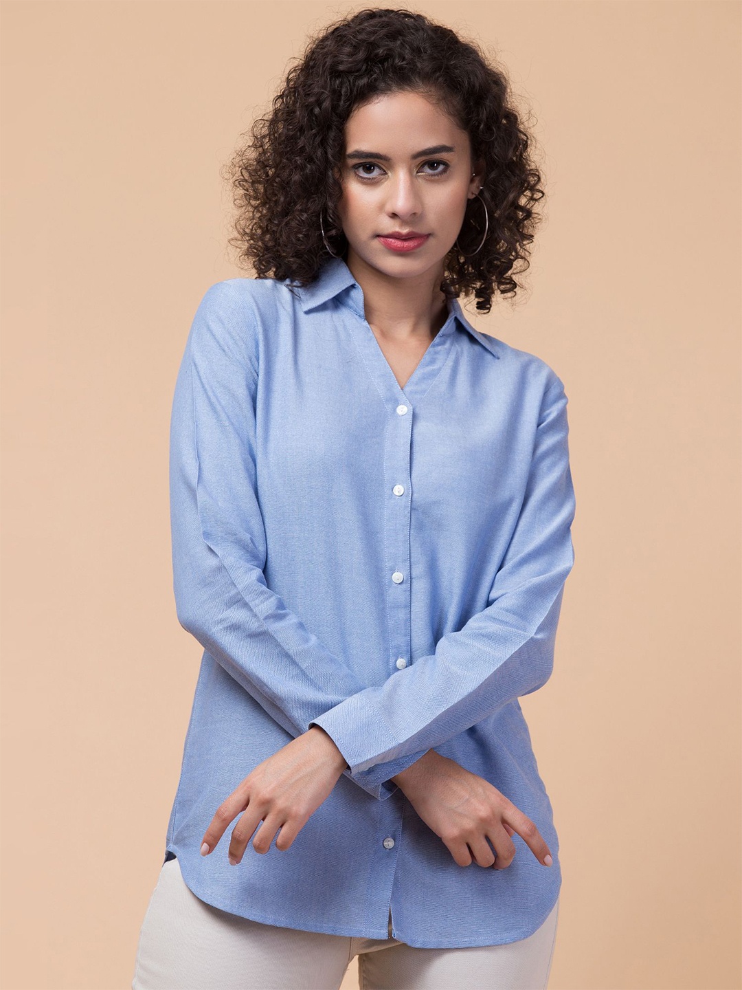 

Hive91 Women Relaxed Spread Collar Solid Cotton Casual Shirt, Blue