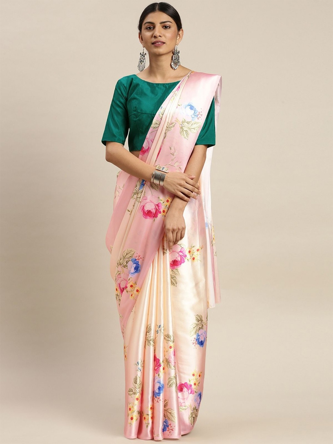 

ODETTE Floral Printed Satin Saree, Peach