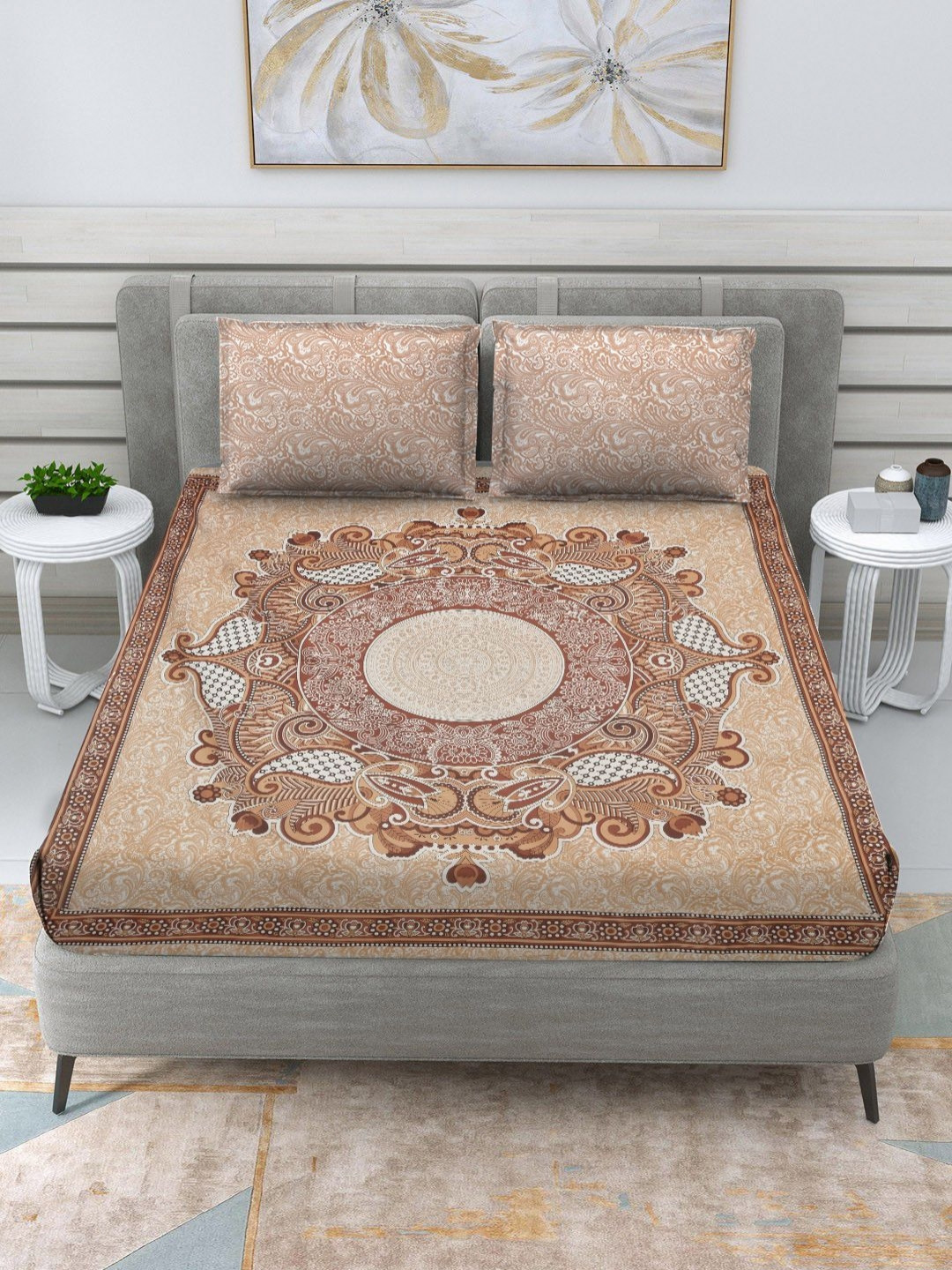 

RRC Brown & White Floral 120 TC King Bedsheet with 2 Pillow Covers