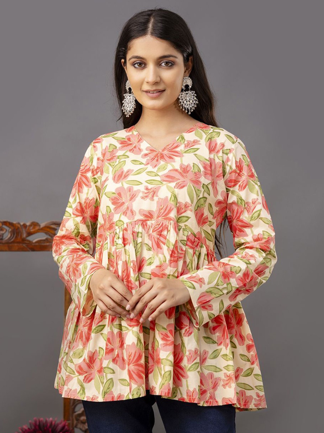 

NISHABD Floral Printed Pure Cotton A-Line Top, Peach