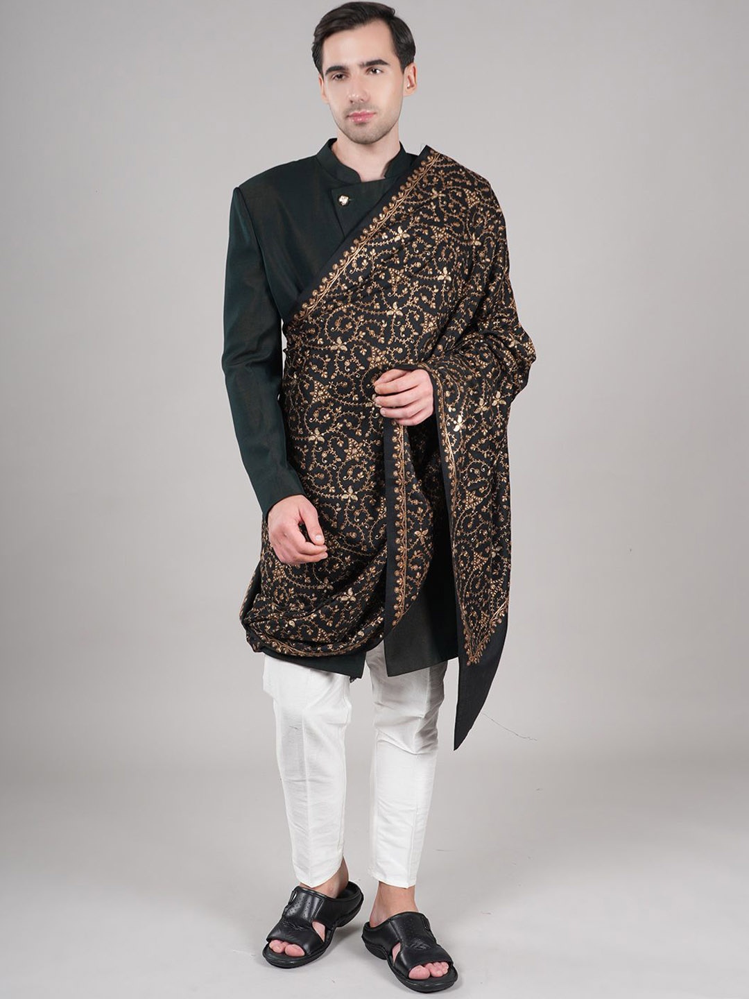 

MUFFLY Floral Embroidered Thread Work Large Pure Wool Shawl, Black