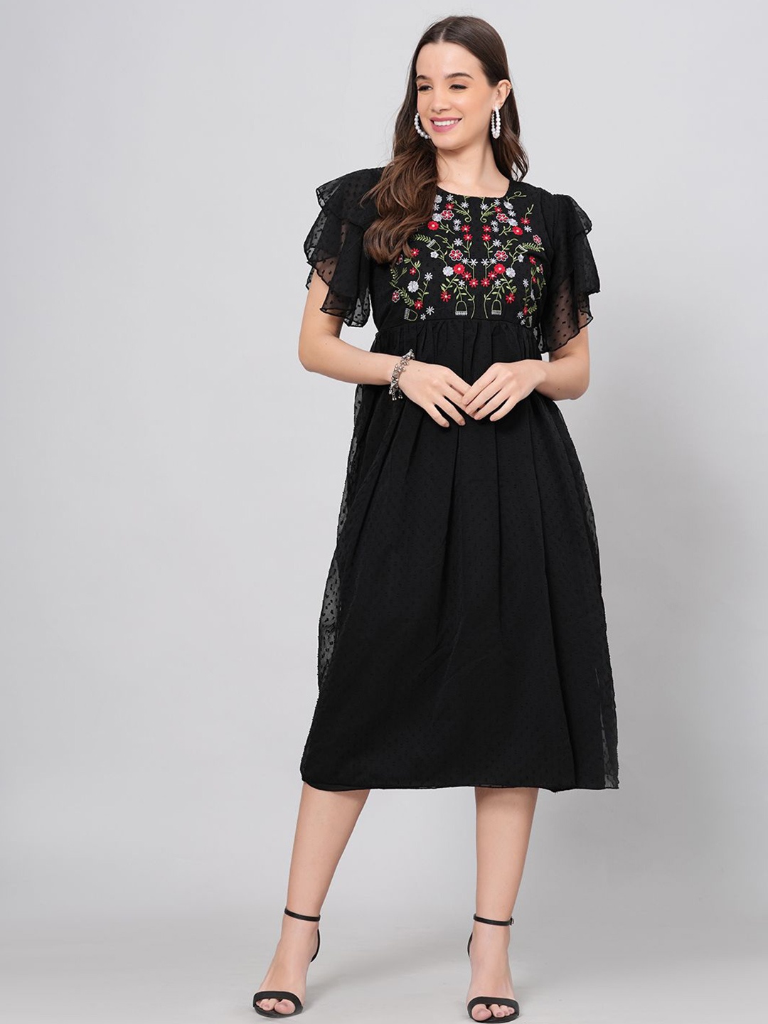 

BAESD Embroidered Flutter Sleeves Fit & Flare Midi Dress, Black