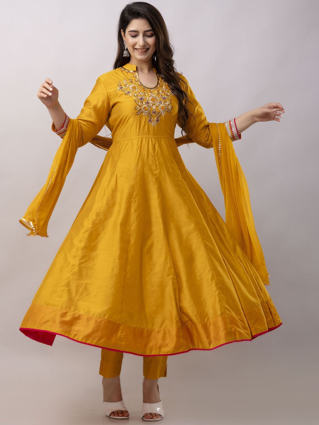 

KALINI Ethnic Motifs Yoke Design Pure Silk Kurta With Trousers & Dupatta, Mustard