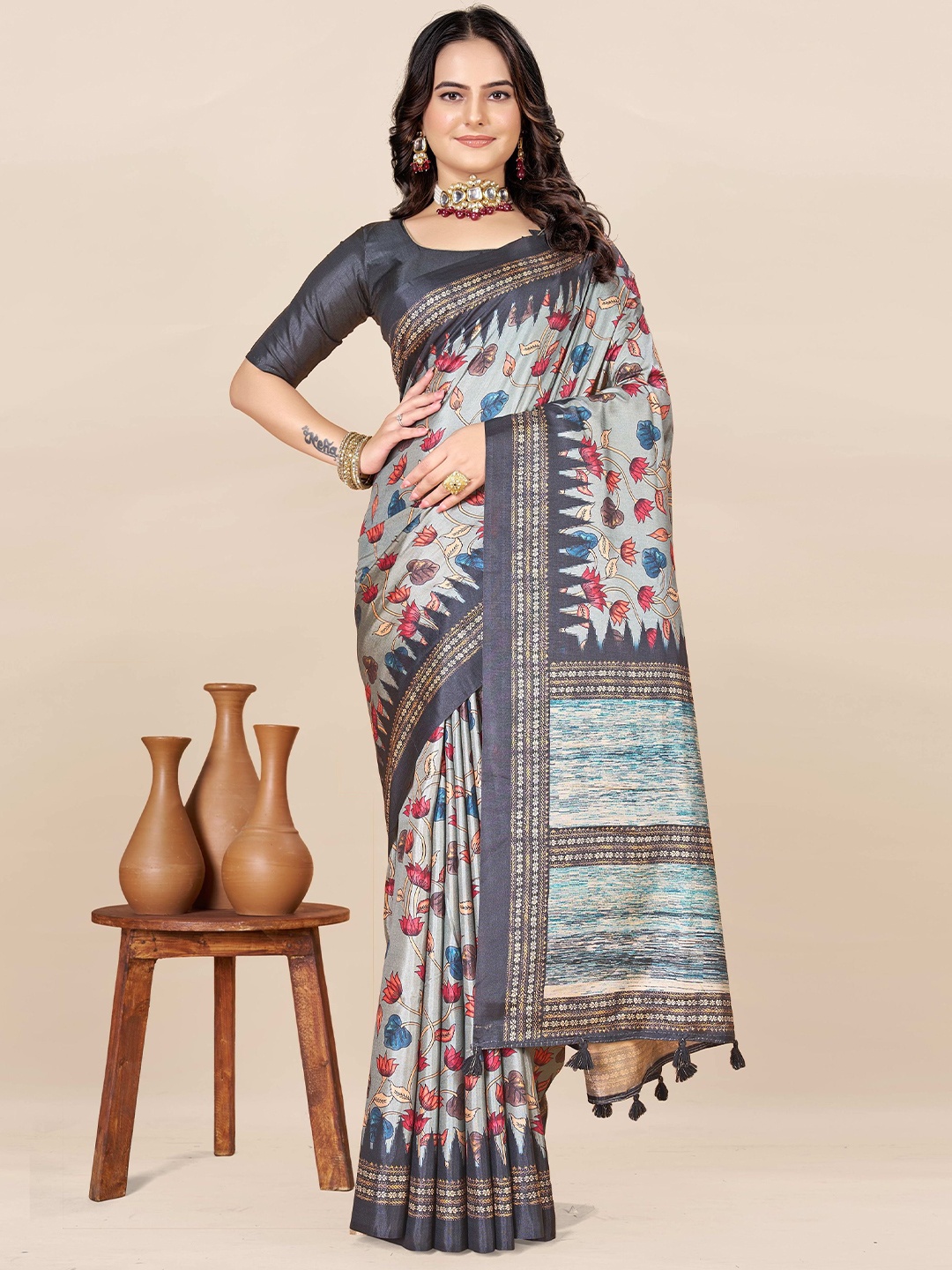 

ETHNIC TODAY Floral Printed Woven Design Zari Saree, Silver