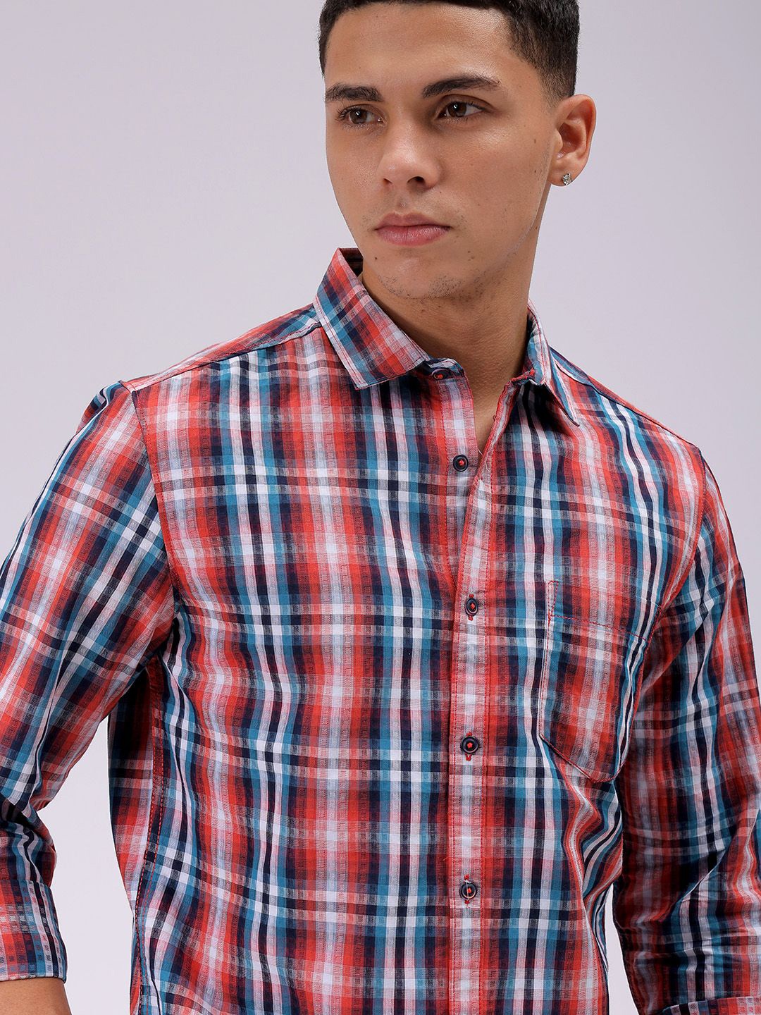 

The Indian Garage Co Men Cutaway Collar Checked Cotton Slim Fit Casual Shirt, Blue