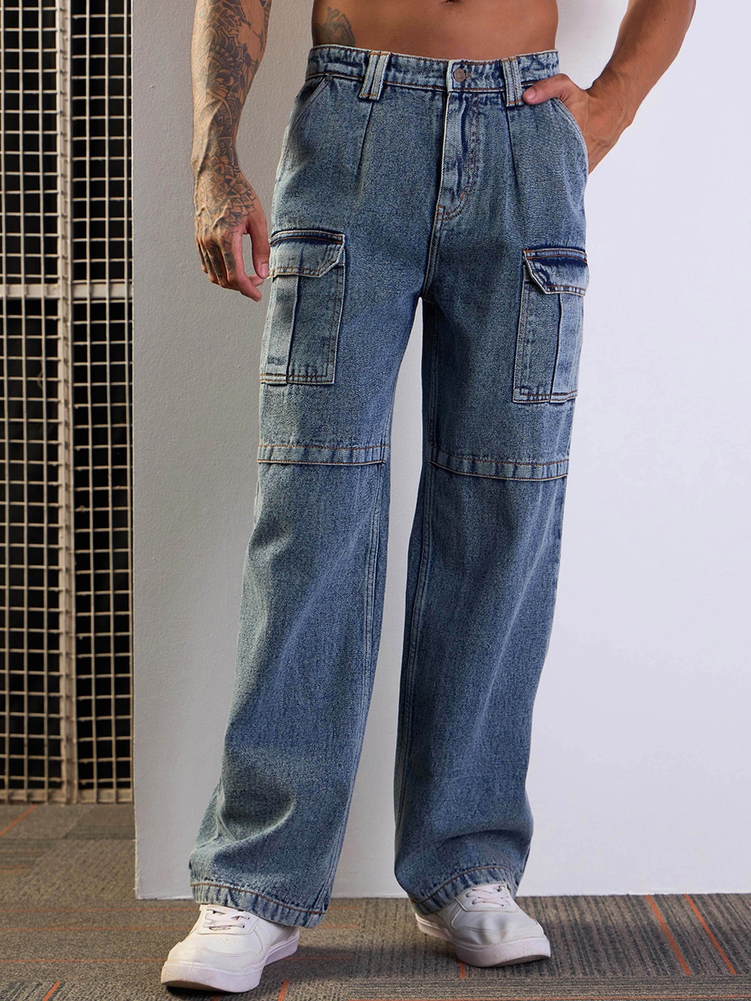 

MASCLN SASSAFRAS Men Comfort Wide Leg Baggy Cargo Jeans, Blue