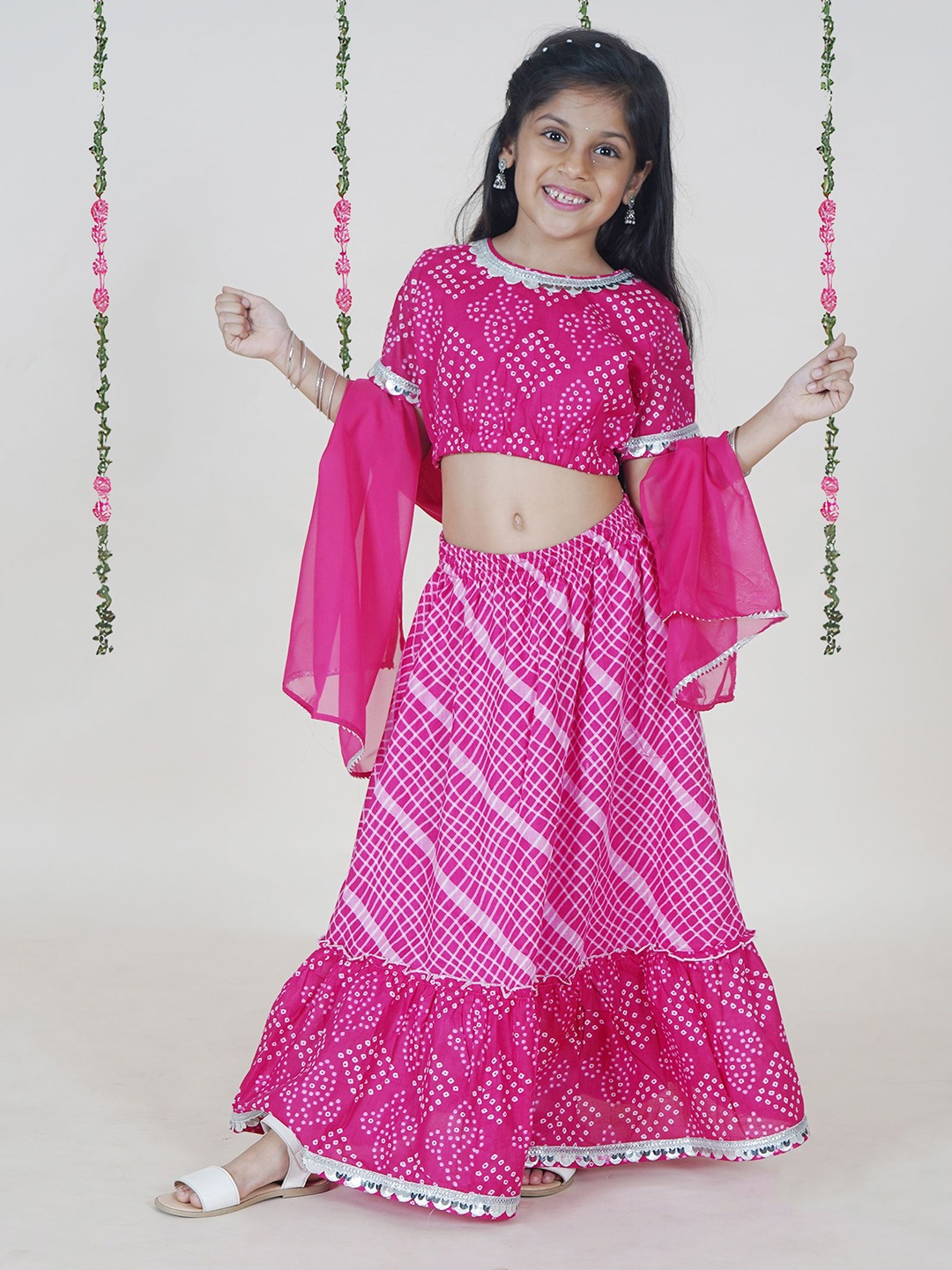 

KiddoPanti Girls Bandhani Printed Ready to Wear Lehenga & Blouse With Dupatta, Pink