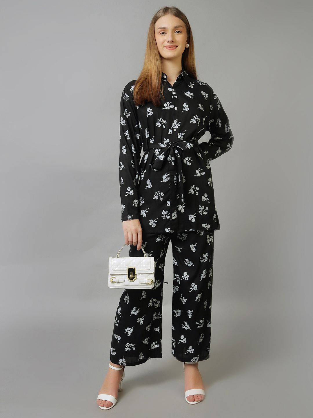 

Softwrap Women Floral Printed Shirt With Trousers Co-Ords, Black