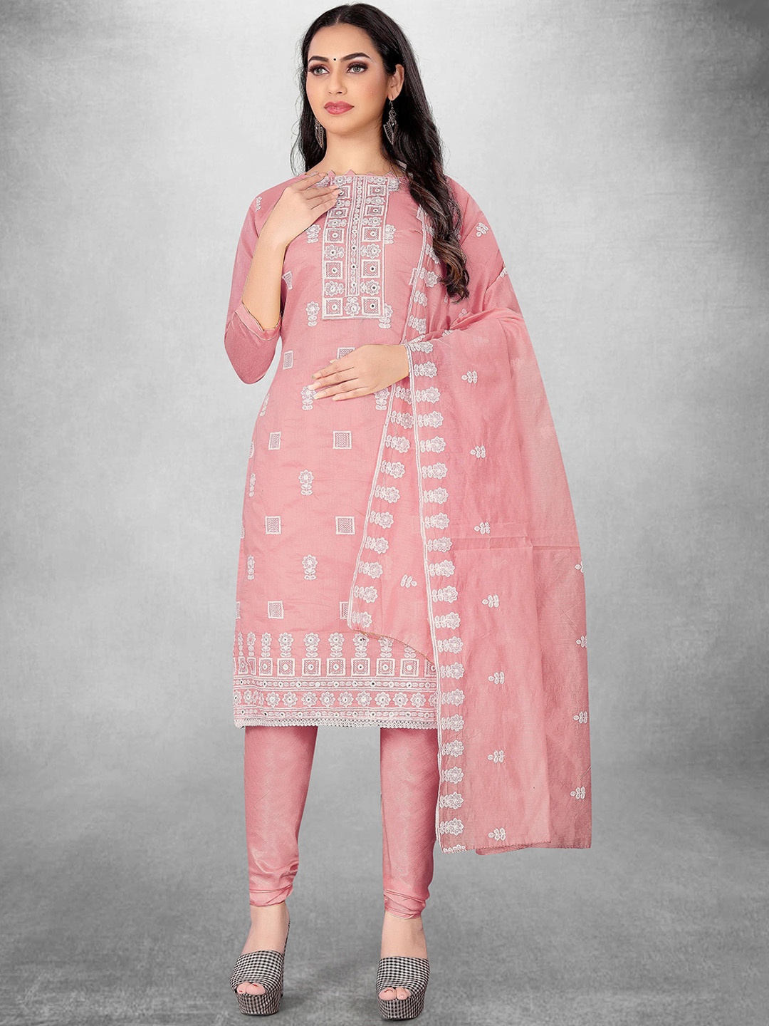 

Maroosh Floral Embroidered Unstitched Dress Material, Pink