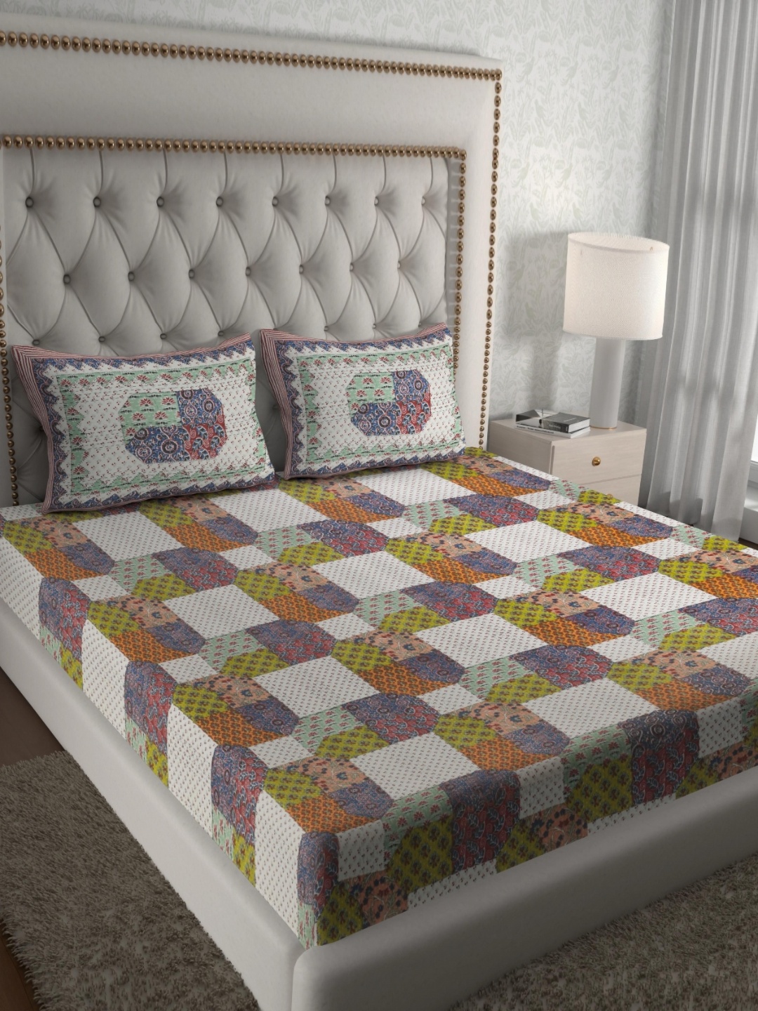 

Aura Blue & Green Geometric Pure Cotton 120 TC Queen Bedsheet Set 2.35 x 2.15 Mts