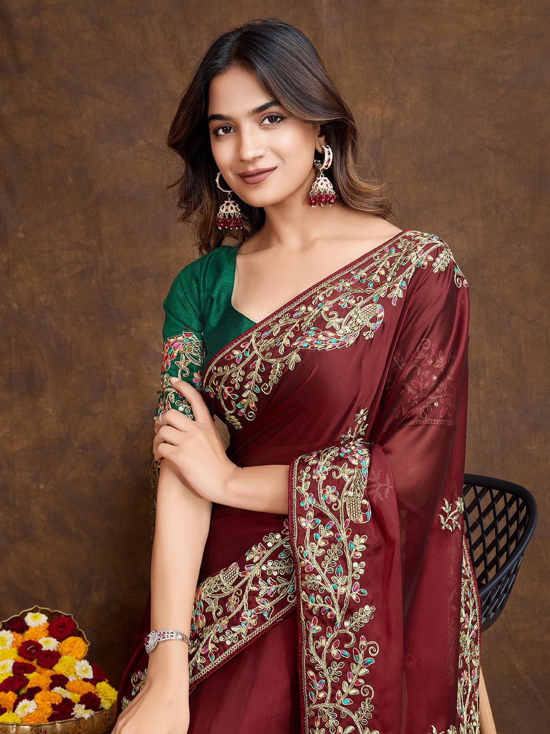 

HERE&NOW Floral Embroidered Saree with Blouse Piece, Maroon