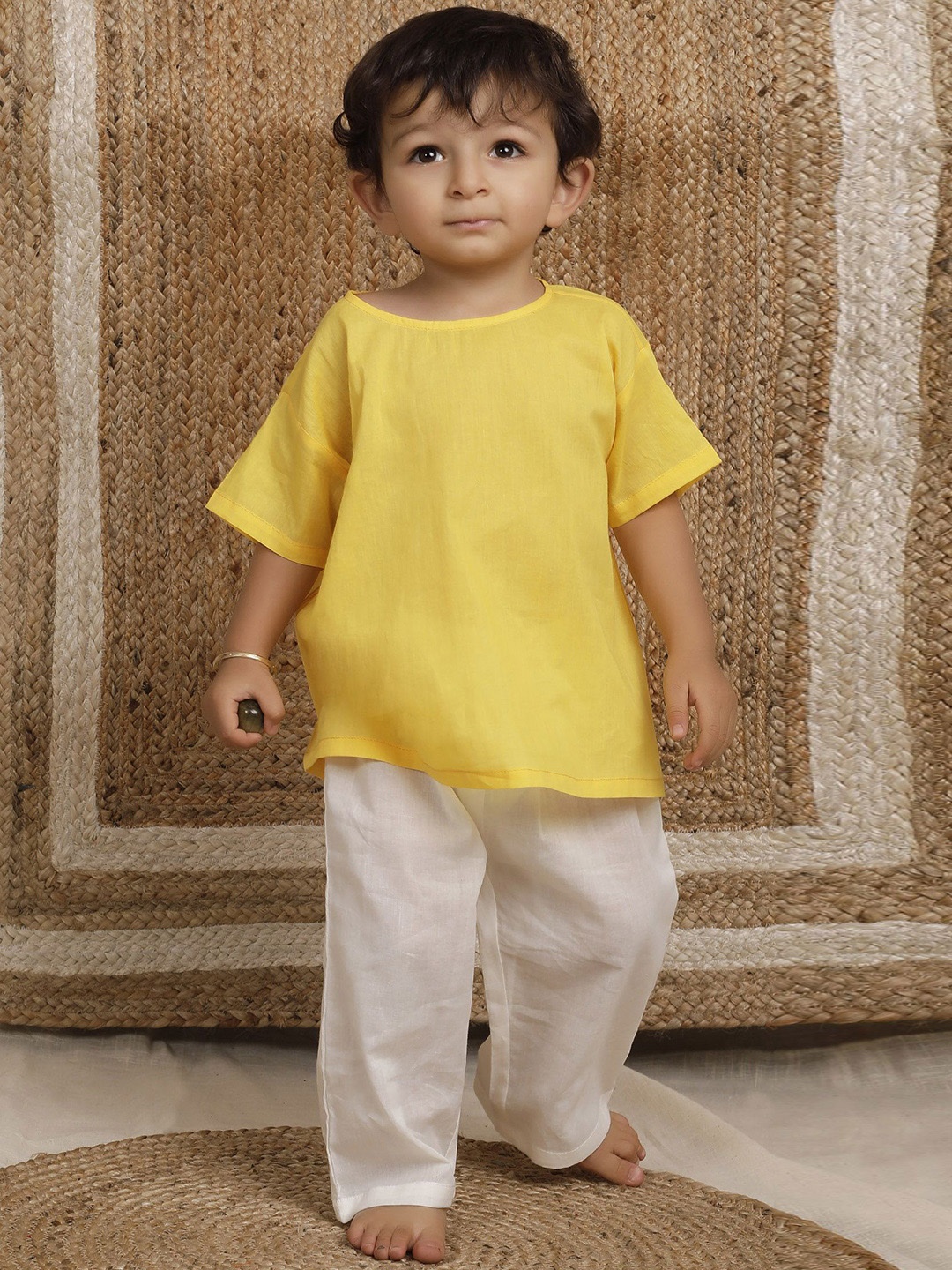 

TJORI Boys Round Neck Pure Cotton Kurta with Trousers, Yellow