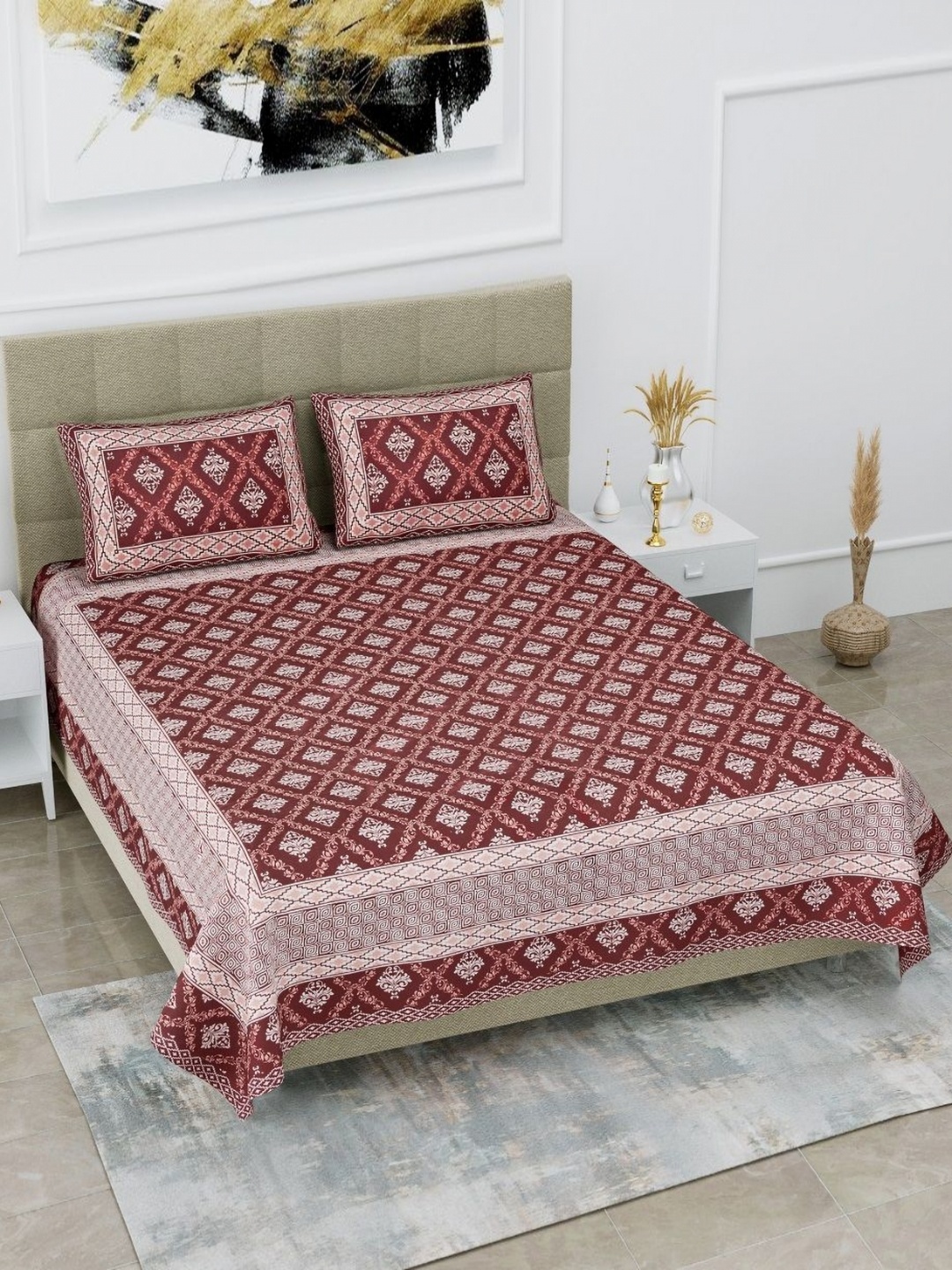

HOMELINE Brown & White Ethnic Motifs Printed Cotton 180 TC King Bedsheet Set 2.74 x 2.54m