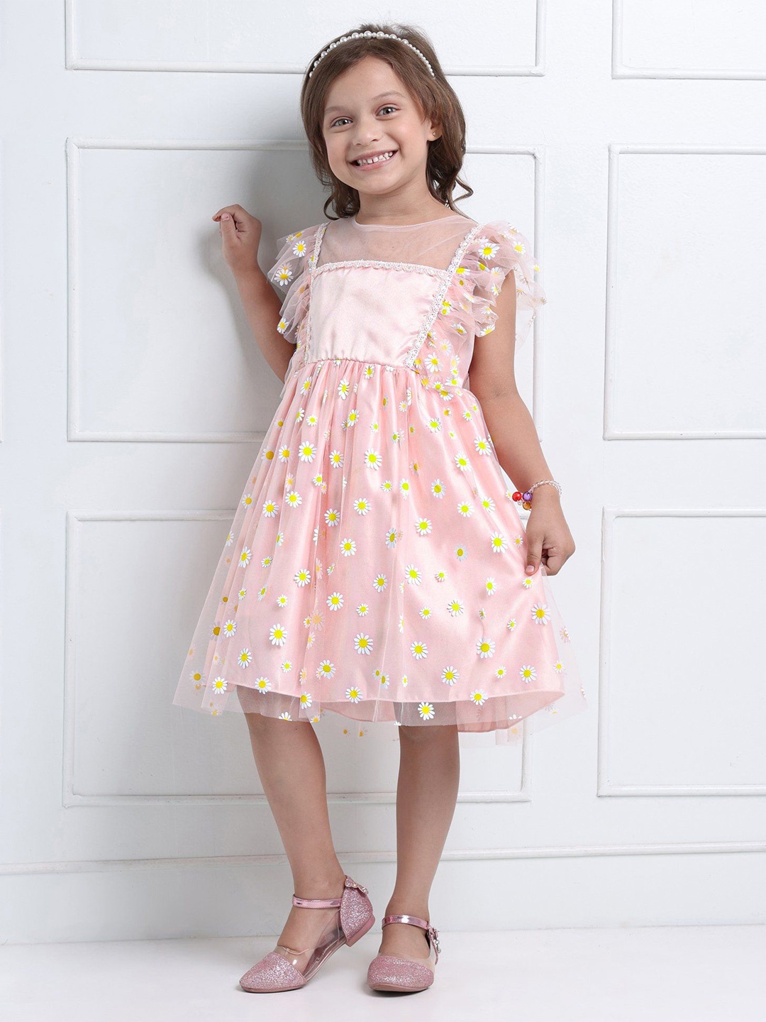 

Mark & Mia Girls Floral Printed Flutter Sleeve A-Line Dress, Pink