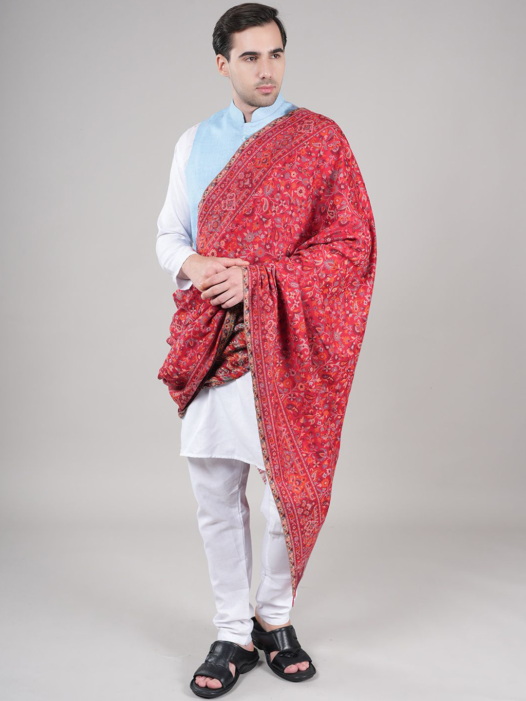 

MUFFLY Ethnic Motifs Woven Design Pashmina Wool Shawl, Red
