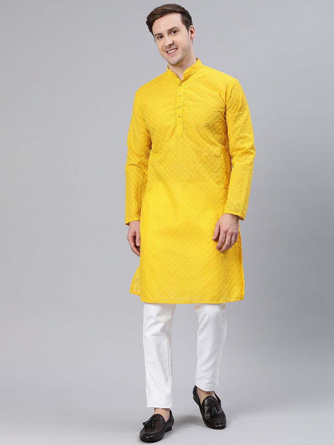 

Majestic Man Embroidered Thread Work Mandarin Collar Straight Kurta, Yellow