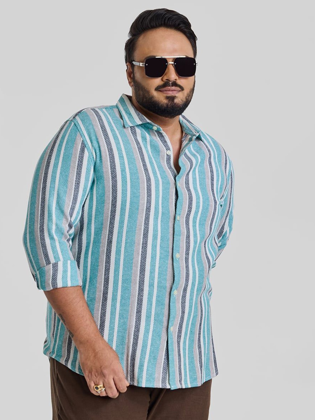 

Snitch Men Plus Size Classic Spread Collar Vertical Striped Cotton Casual Shirt, Turquoise blue