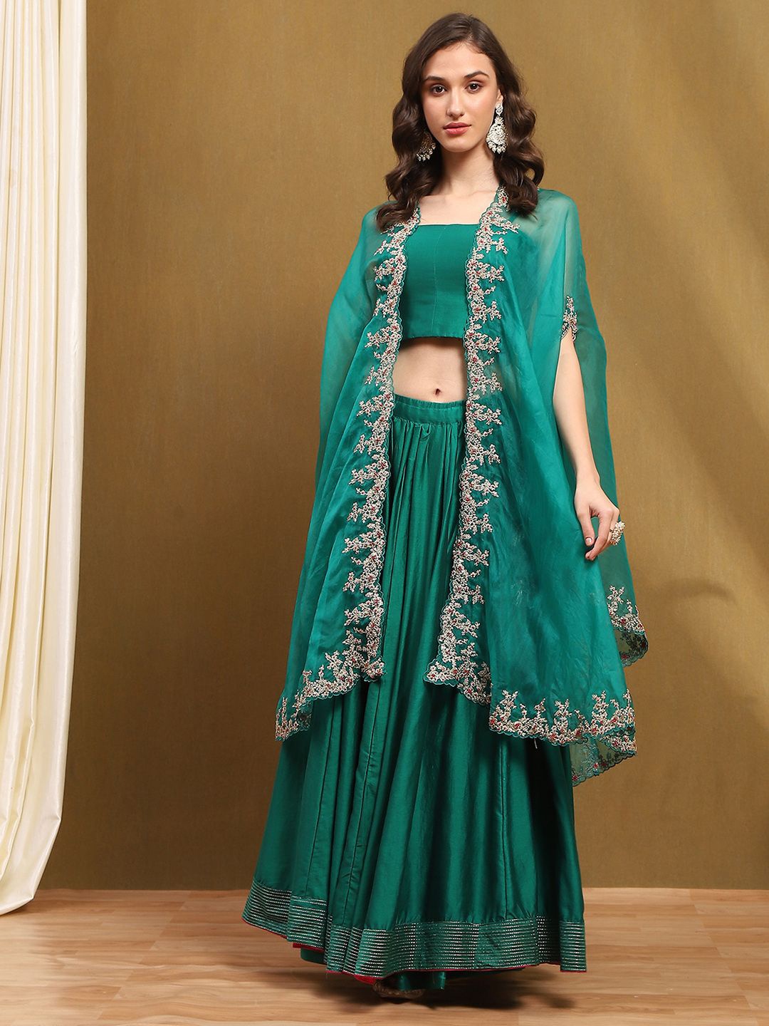 

Biba Thread Work Ready to Wear Silk Lehenga & Blouse With Dupatta, Green