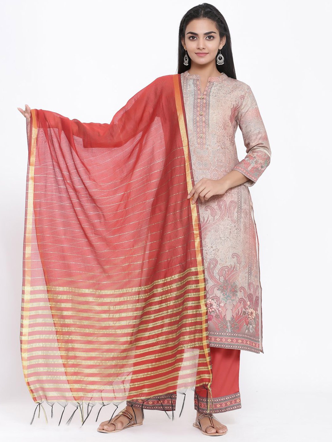 

Anouk Grey Printed Pure Silk Straight Kurta with Palazzo & Dupatta
