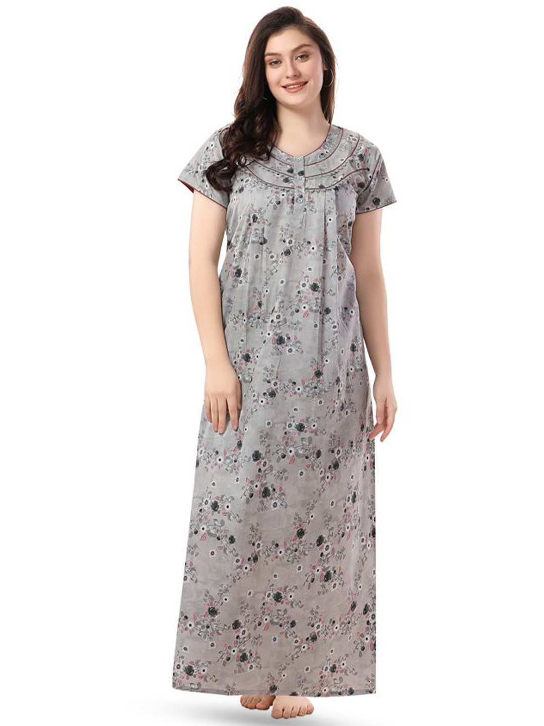 

Soulemo Women Pure Cotton Printed Maxi Everyday Nightdress, Grey