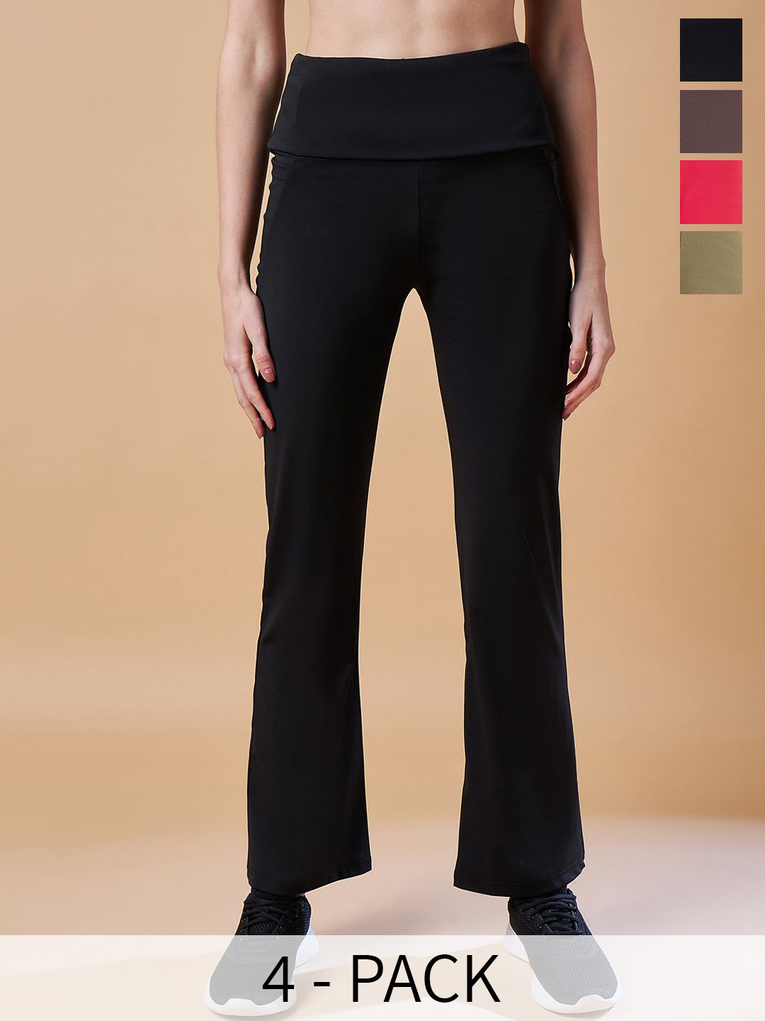 

COLOR CAPITAL Women Pack of 4 Ankle-Length Fly Dry Flared Gym Tights, Multi