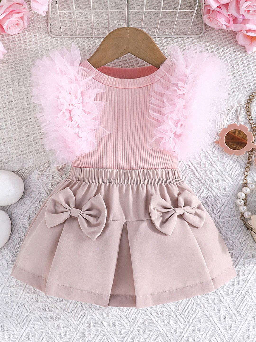 

INCLUD Girls Ruffled Round Neck Top With Skirt, Pink