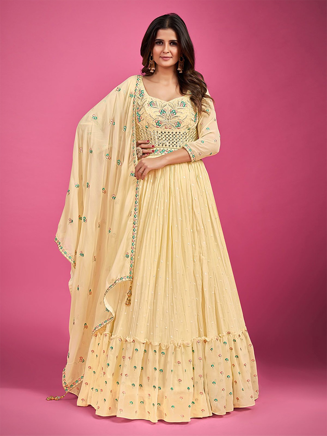 

ODETTE Floral Embroidered Sequinned Georgette Anarkali Kurta With Dupatta, Yellow
