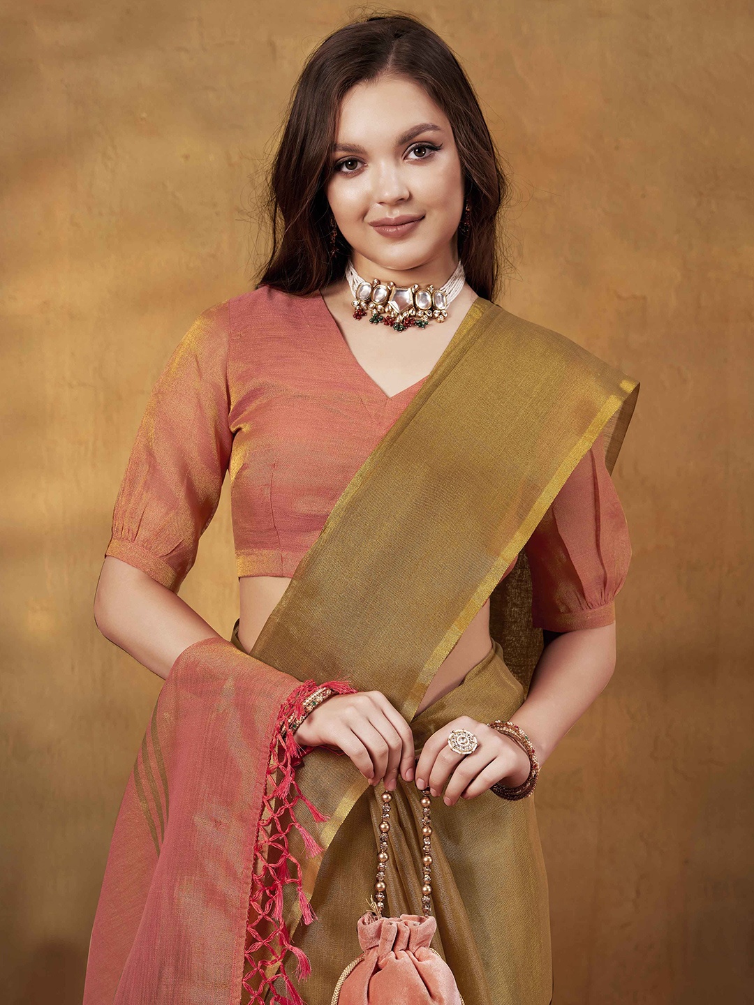 

Anouk Zari Linen Blend Khadi Saree, Olive
