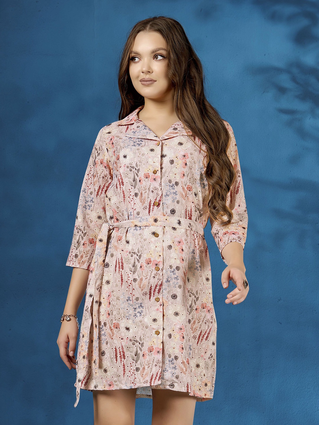 

Anouk Women Floral Printed Self Design Casual Shirt Dress, Cream