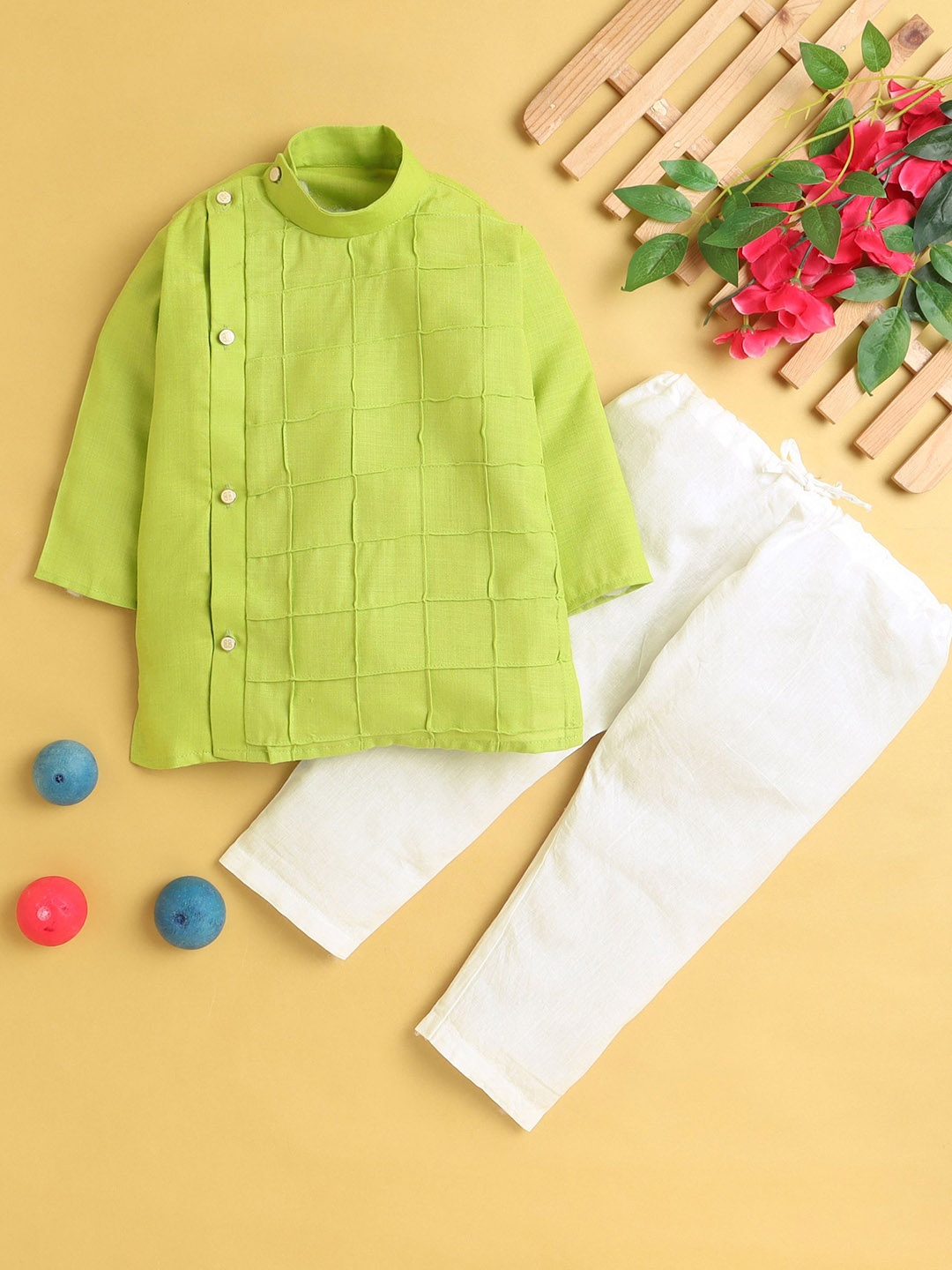 

Jeetethnics Boys Mandarin Collar Straight Kurta With Pyjamas, Green