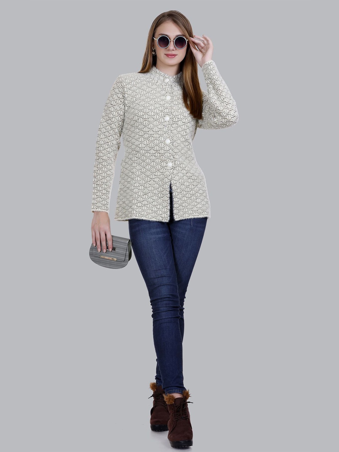 

SOSHAGUN OSWAL Women Self Design Woollen Cardigan, Cream