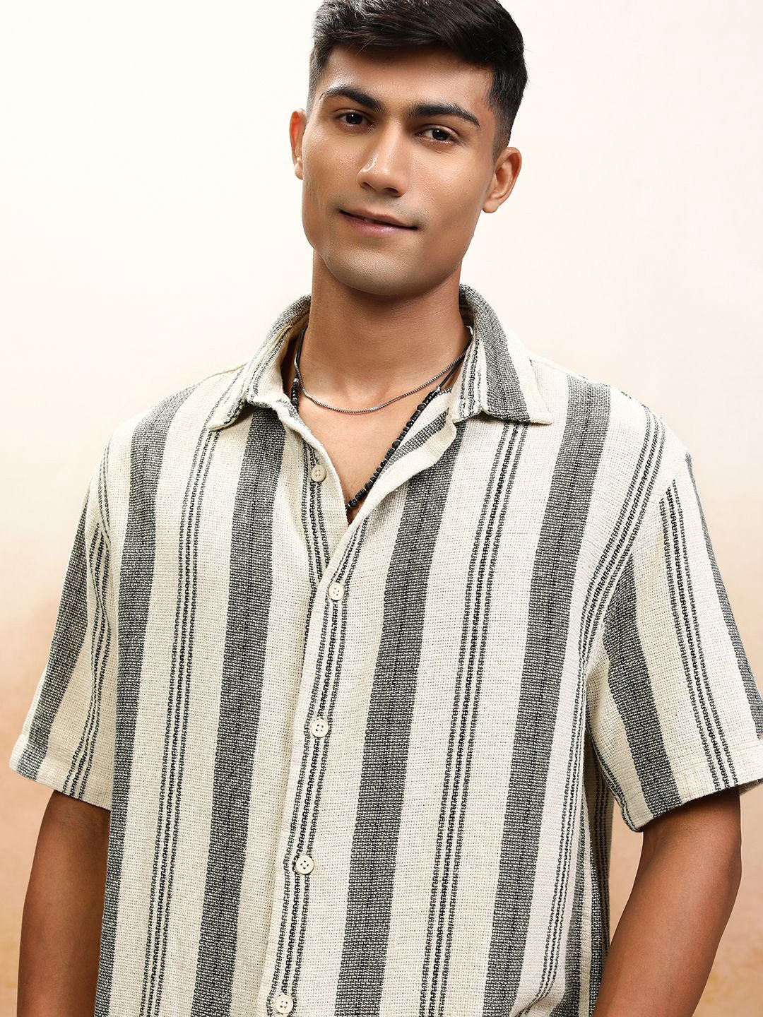 

Highlander Men Textured Dobby Striped Oversized Shirt, White