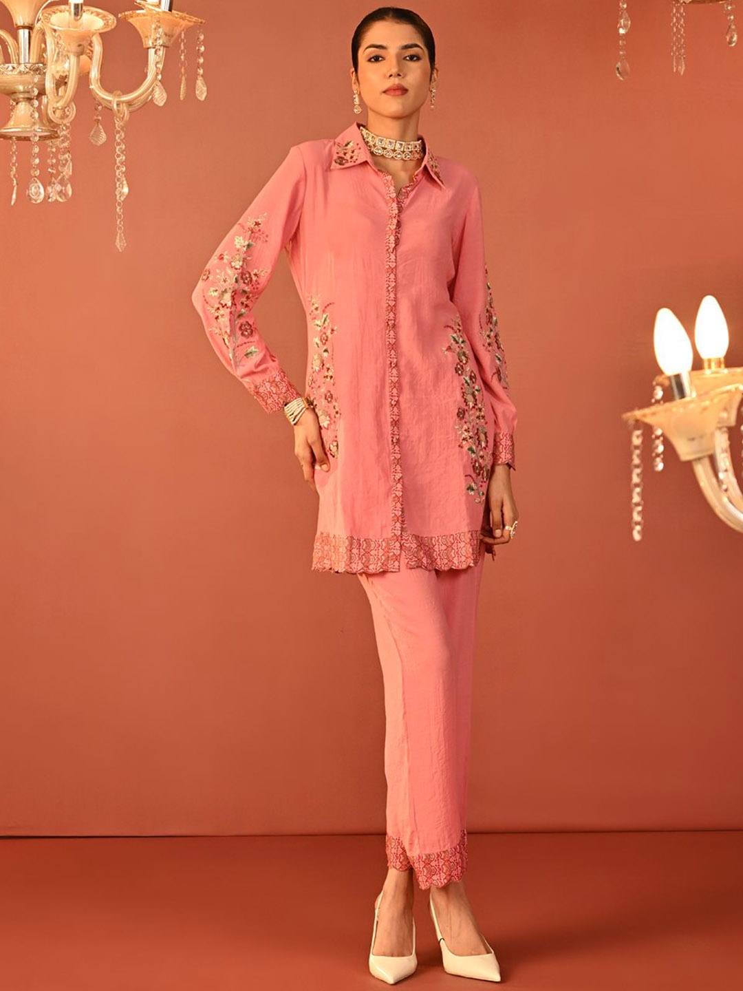 

Lakshita Floral Embroidered Shirt Collar Tunic With Trousers, Peach