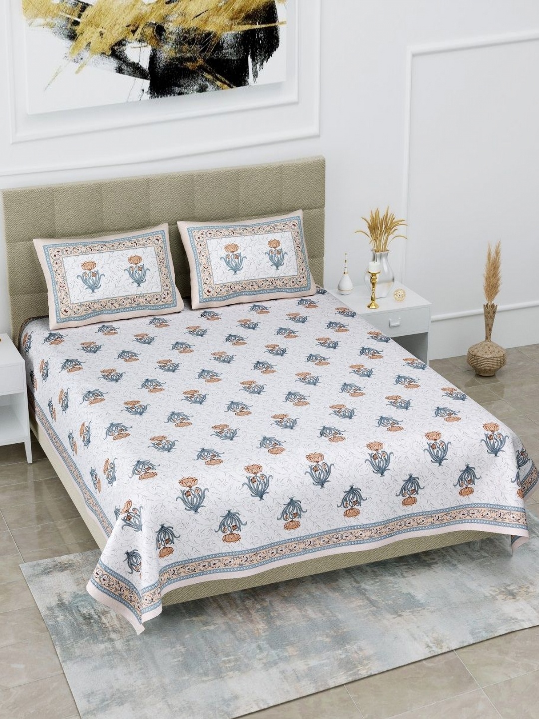 

HOMELINE Brown & White Floral Printed Cotton 180 TC King Bedsheet Set 2.74 x 2.54m