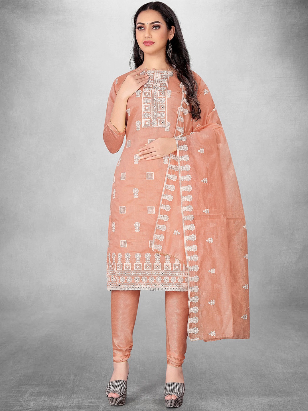 

Maroosh Floral Embroidered Unstitched Dress Material, Peach