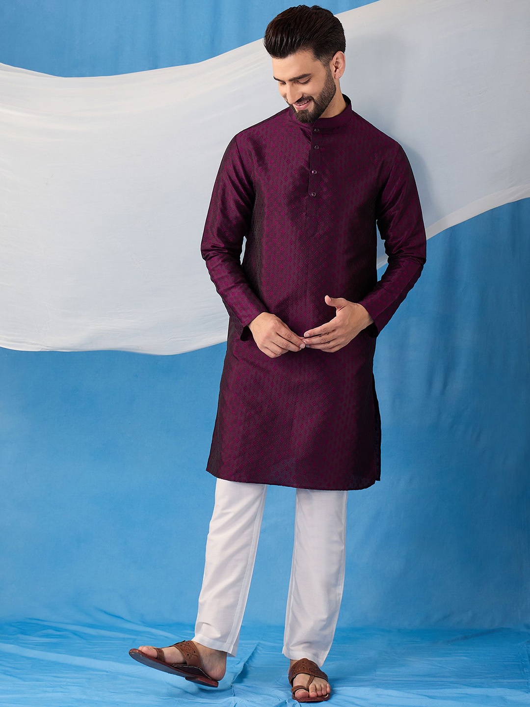 

Inddus Floral Embroidered Thread Work Jacquard Weave Stright Kurta With Trousers, Purple