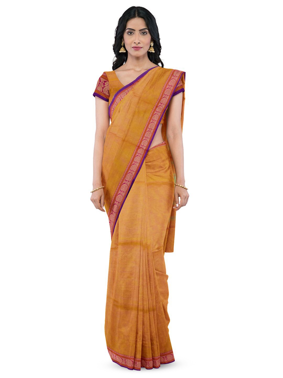 

Avishya Zari Pure Cotton Kanjeevaram Saree with Stitched Blouse, Orange