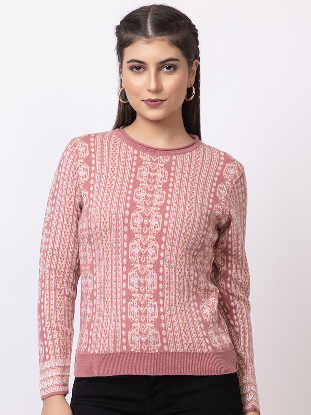 

GFO Women Printed Woollen Sweaters, Pink