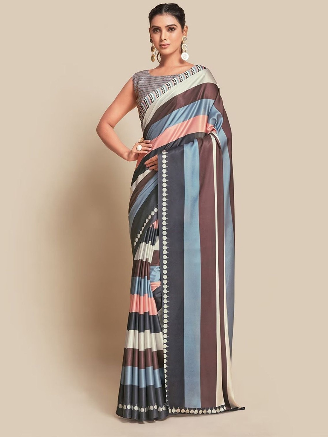 

ODETTE Striped Printed Satin Saree, Blue