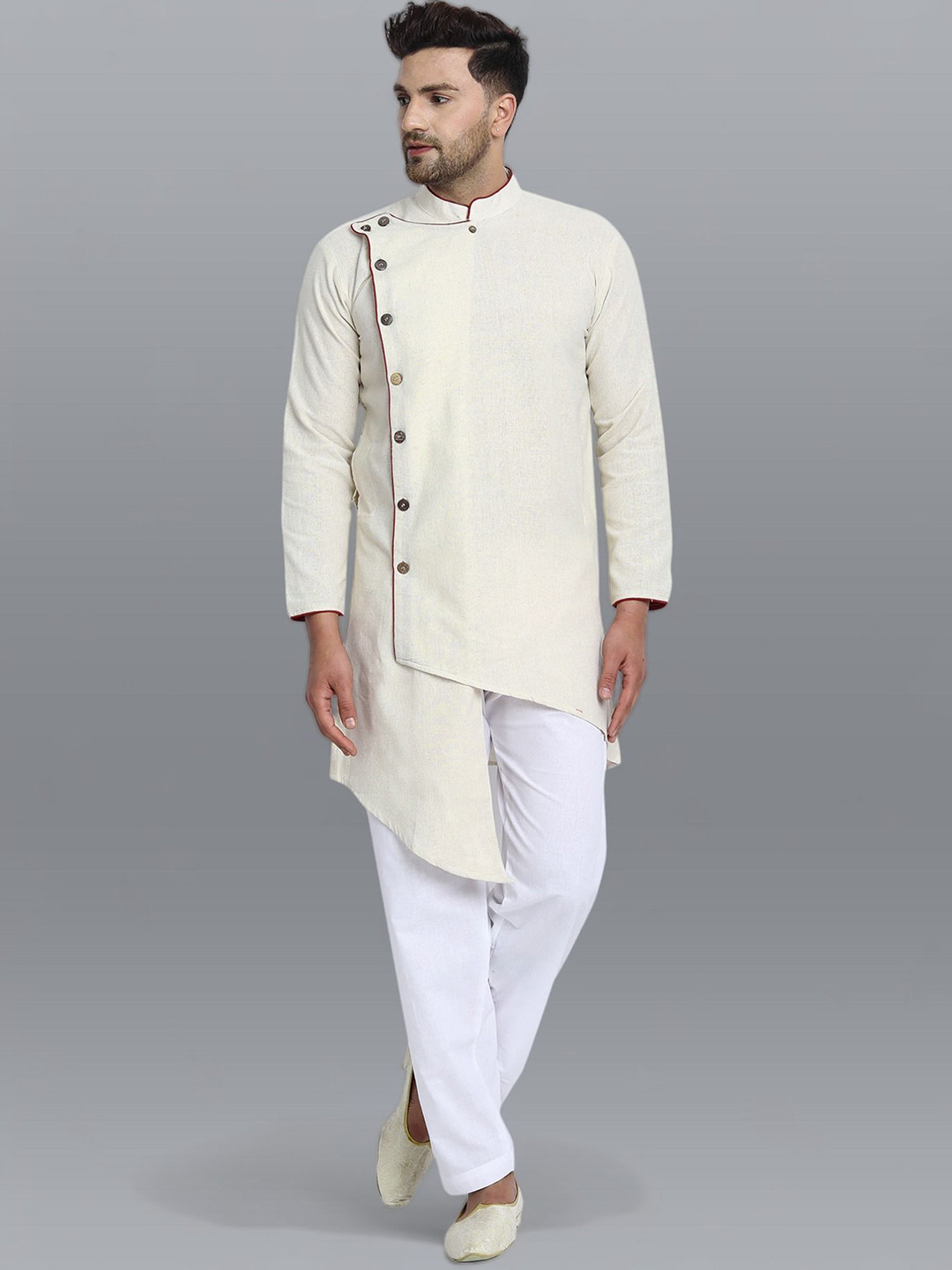 

SKAVIJ Mandarin Collar Pastels Angrakha Pure Cotton Straight Kurta With Pyjamas, Off white