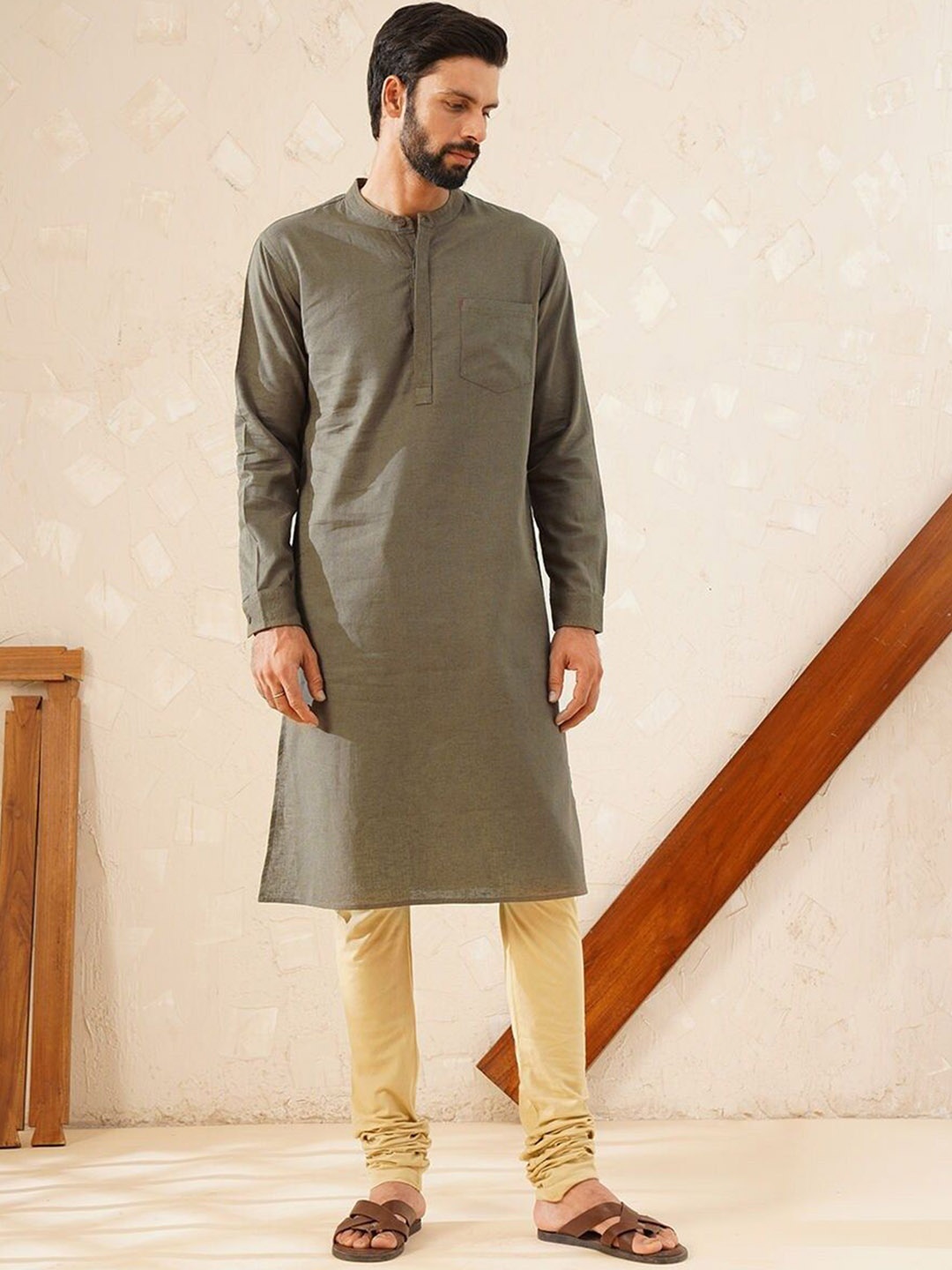 

JAYPORE Band Collar Cotton Straight Kurta, Green