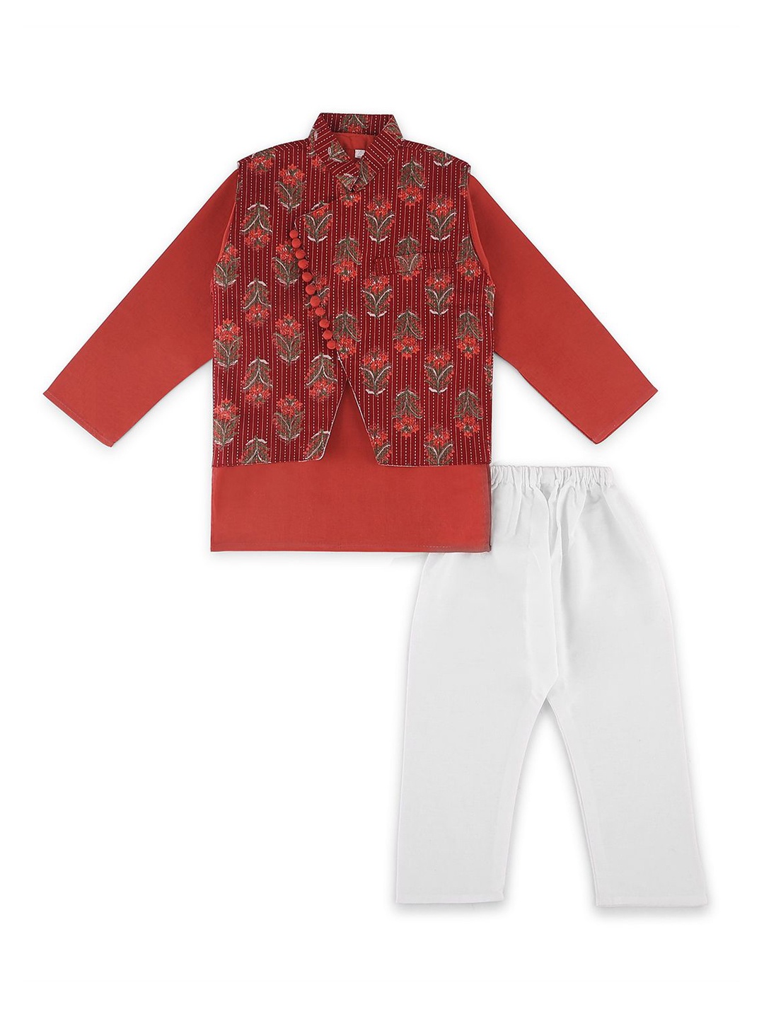 

Bold N Elegant Boys Straight Kurta with Pyjamas & Printed Jacket, Maroon