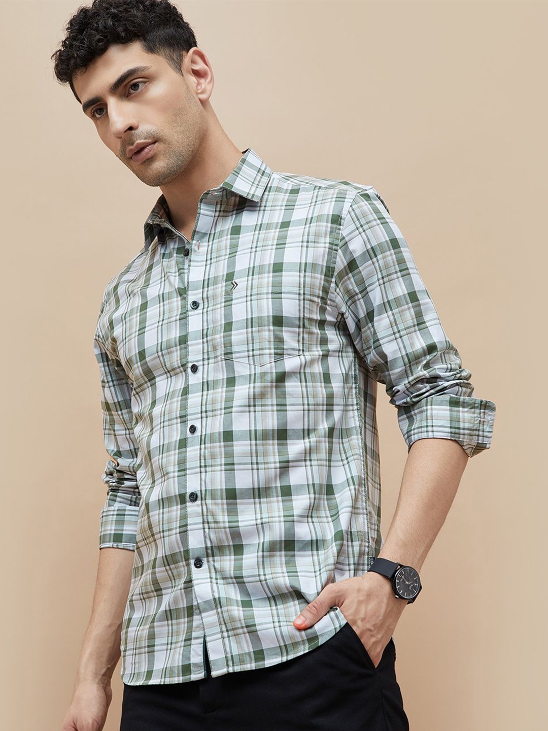 

CODE by Lifestyle Men Cutaway Collar Tartan Checked Cotton Casual Shirt, Olive