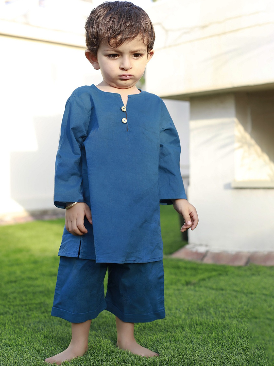 

TJORI Boys Round Neck Pure Cotton Straight Kurta With Pyjamas, Blue