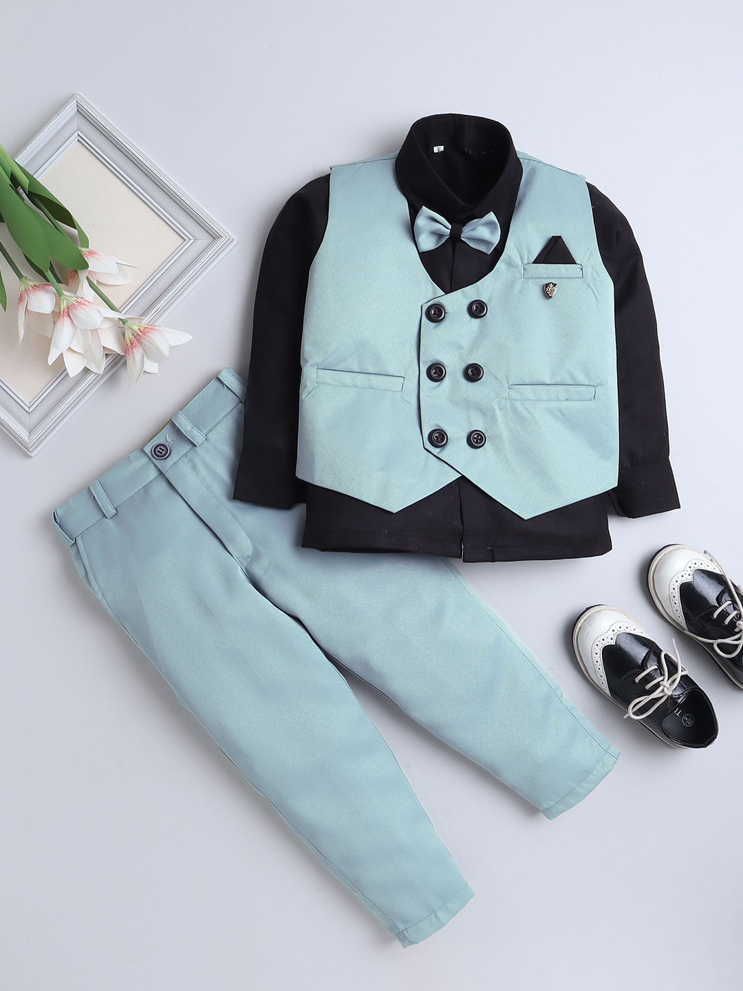 

FOURFOLDS Boys Shirt Collar Long Sleeves Shirt With Trouser With Waistcoat, Blue