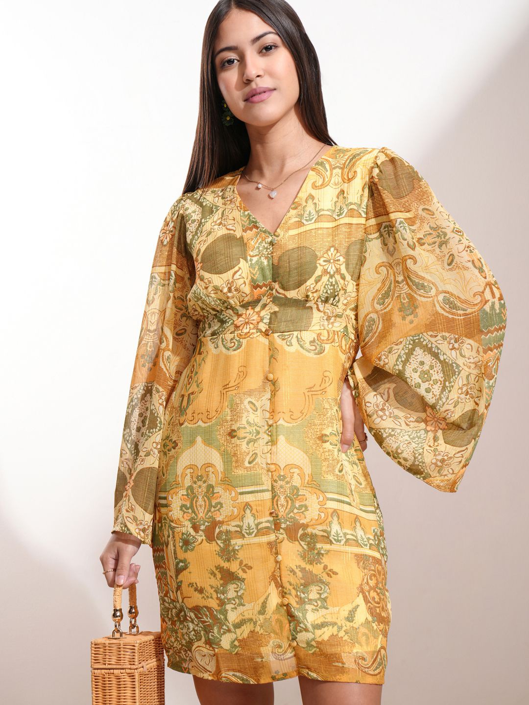 

Vishudh Women Ethnic Motifs Print Flared Sleeve A-Line Dress, Yellow