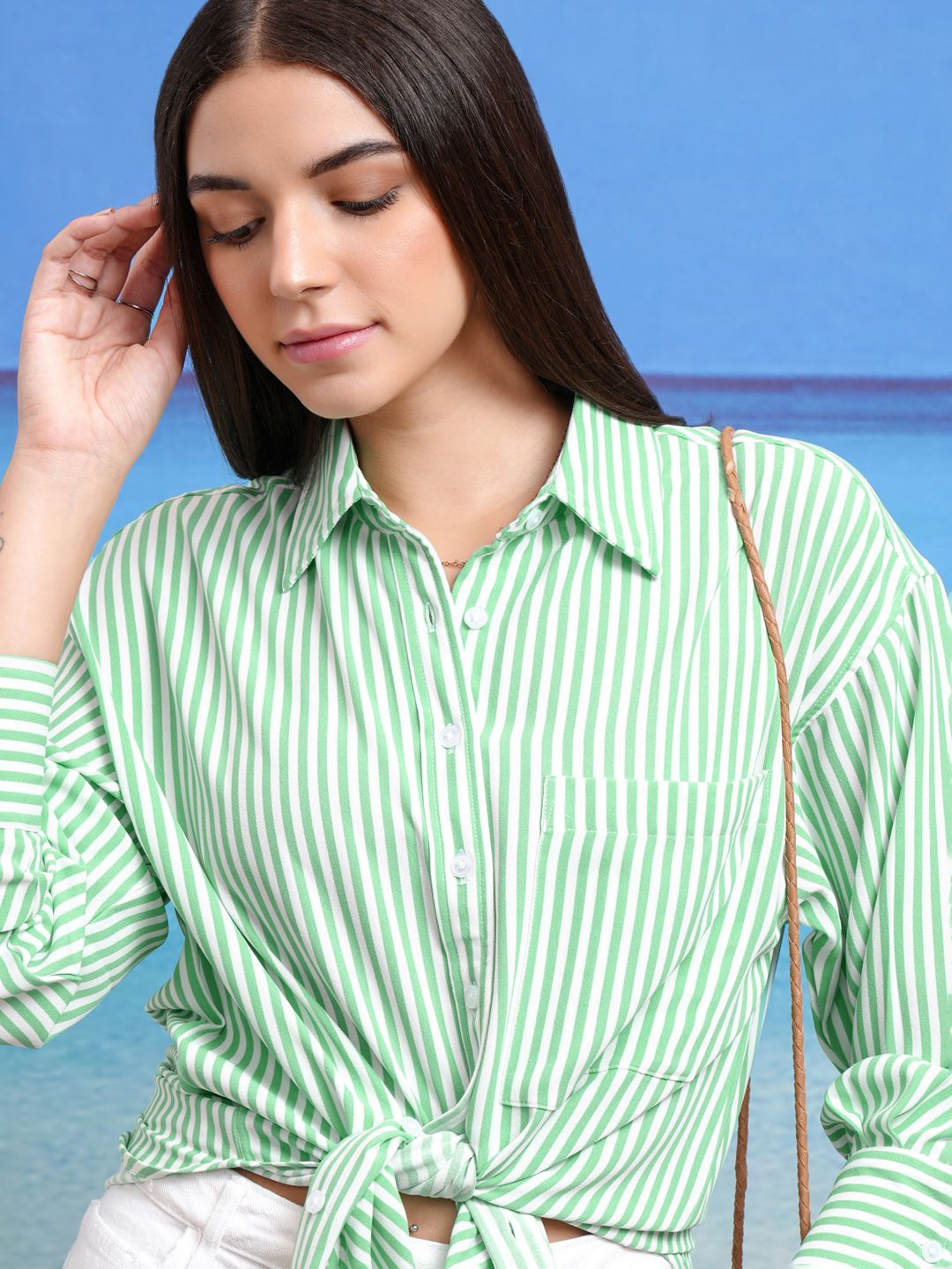 

Tokyo Talkies Women Striped Relaxed Drop Shoulder Shirt, Green