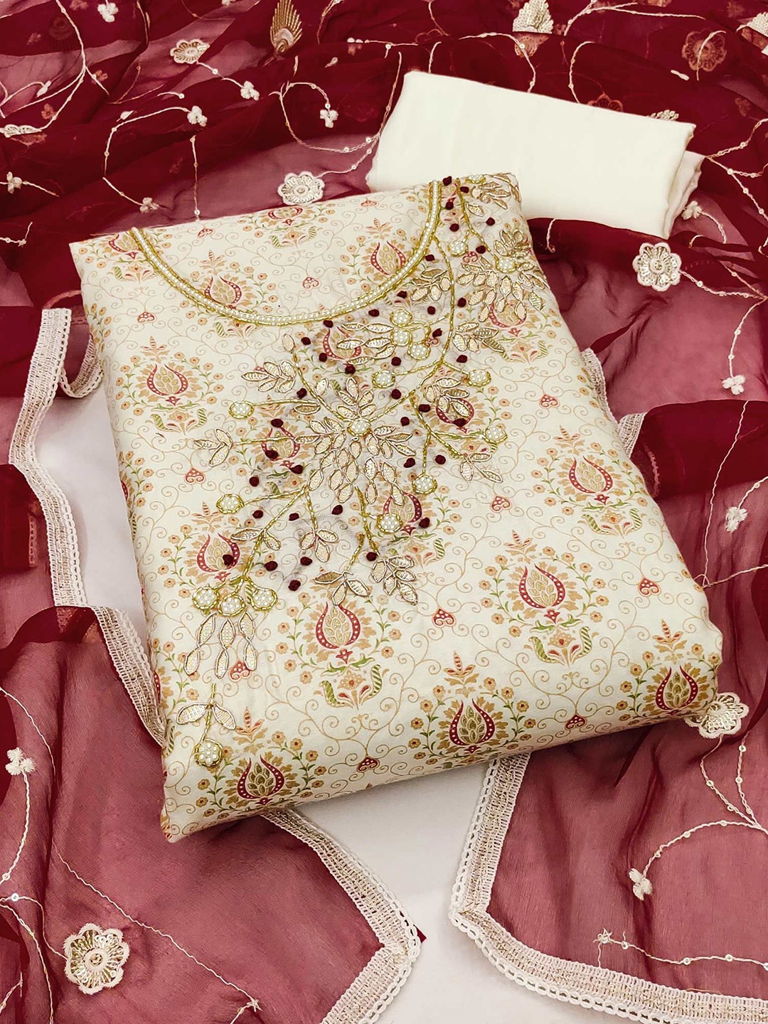 

Peachmode Floral Beads and Stones Unstitched Dress Material, Off white